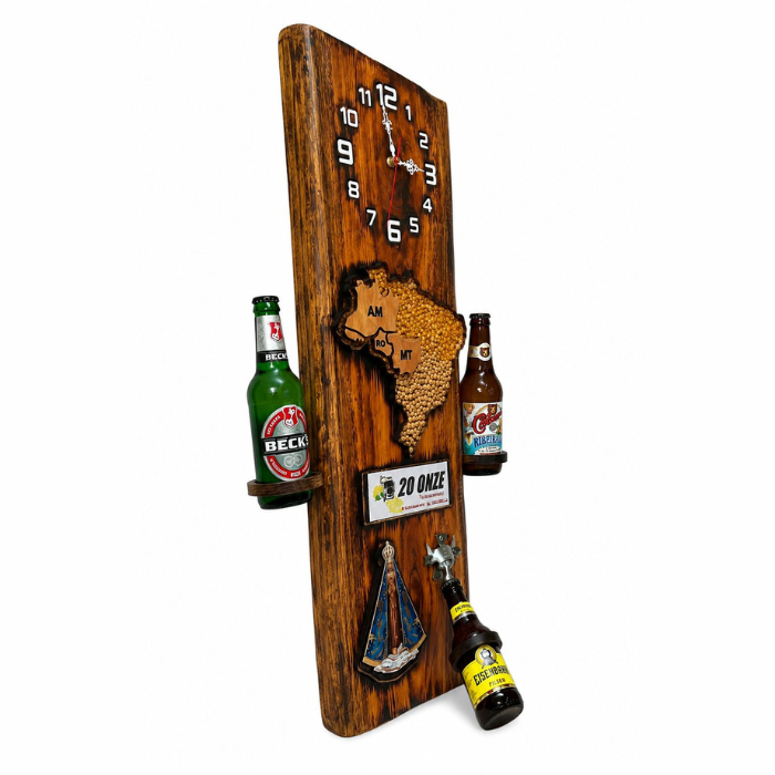 Relógio de Parede Rústico com Porta-Garrafas