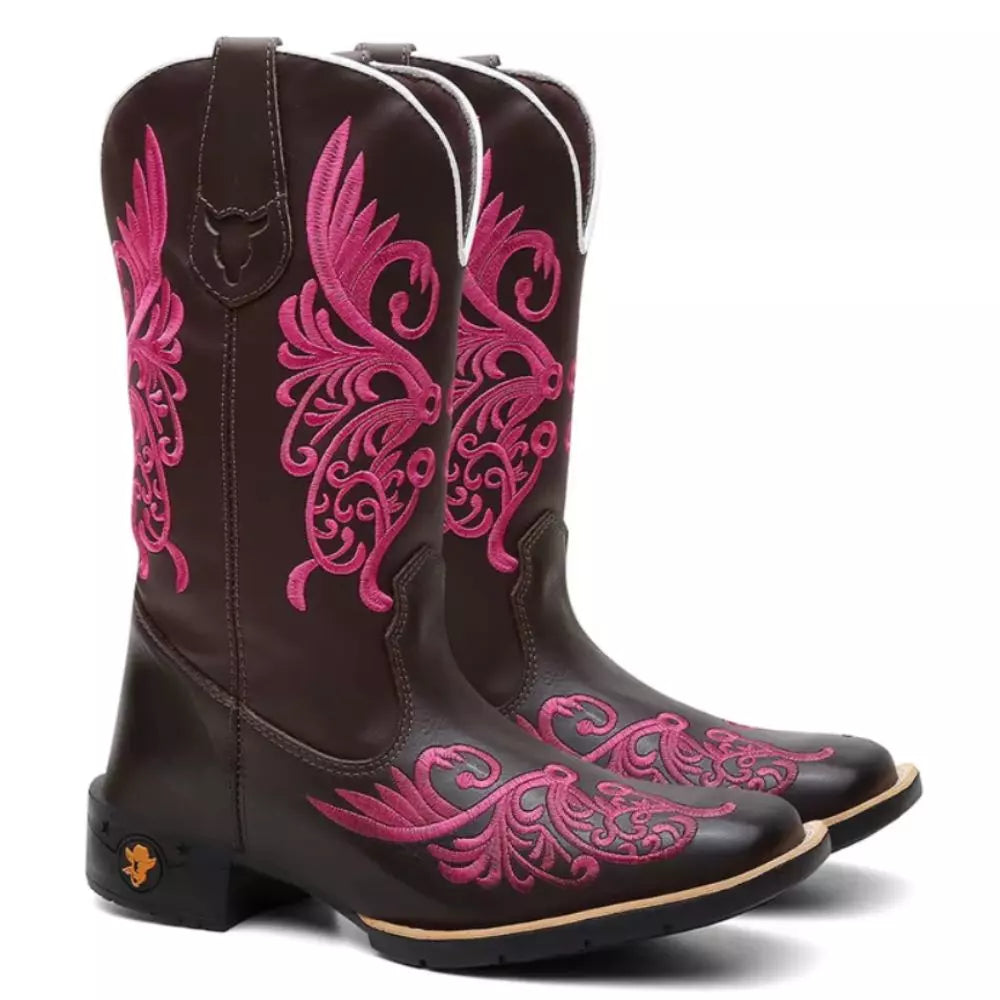Bota Texana Feminina Floral Rosa