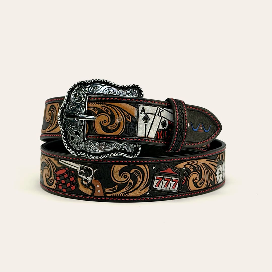 Cinto Masculino Preto Cassino Pintura Manual Costura Vermelha