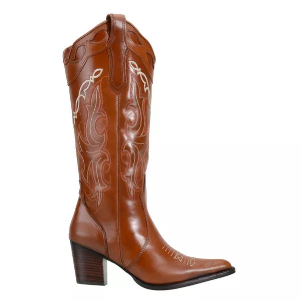 Bota Texana Feminina Cano Alto Bordado e Bico Fino